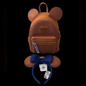 Disney Brown Faux Leather Mickey Ear Mini Backpack with Blue Bow Headband